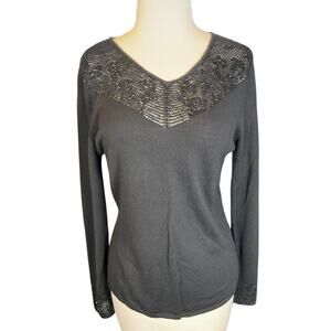 Nordstrom Studio 121 Black 100% Wool Beaded V Neck Sweater Old Money Chic Medium